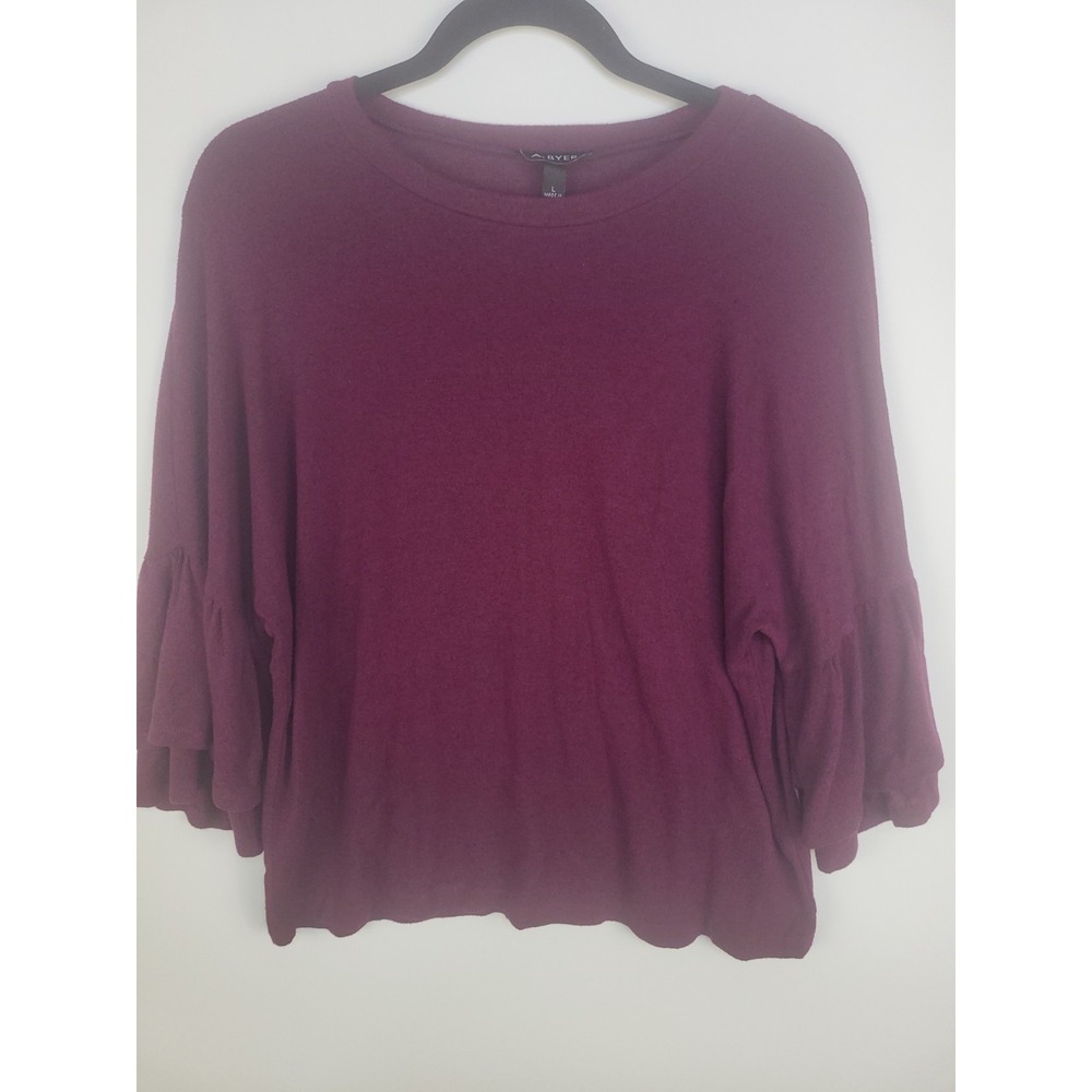 A. Byer Women's Blouse Size L Purple Ruffle Bell Sleeve Stretch Top Rayon Blend